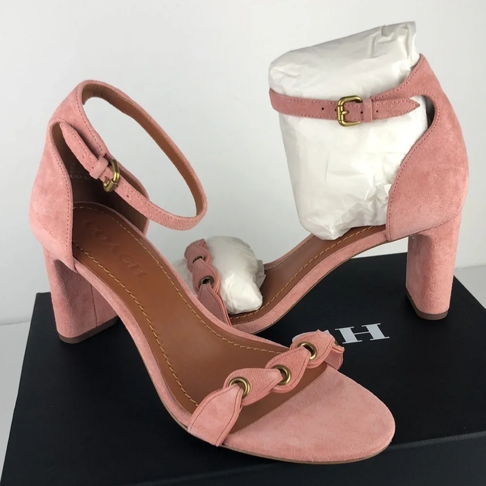 NEW Coach Chain Link Strap Suede Peep Toe Ankle Strap Sandals Heels 8